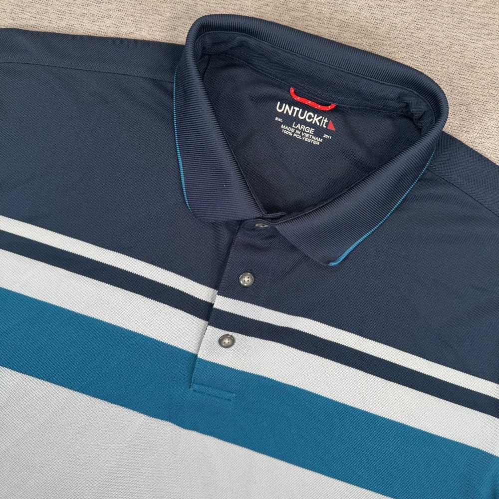 UNTUCKit Bailey Polo Shirt Mens Large Blue Colorblock Striped Performance Preppy